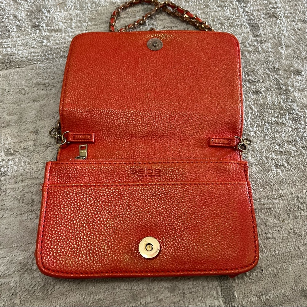 Bebe Red Orange Gold Chain Crossbody Flap Bag Women’s Purse - Picture 3 of 6